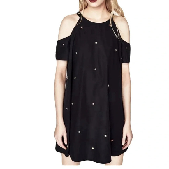 Zara Trafaluc/ Poplin embellished midi dress/ Cold shoulder/ Size US M - Picture 4 of 13